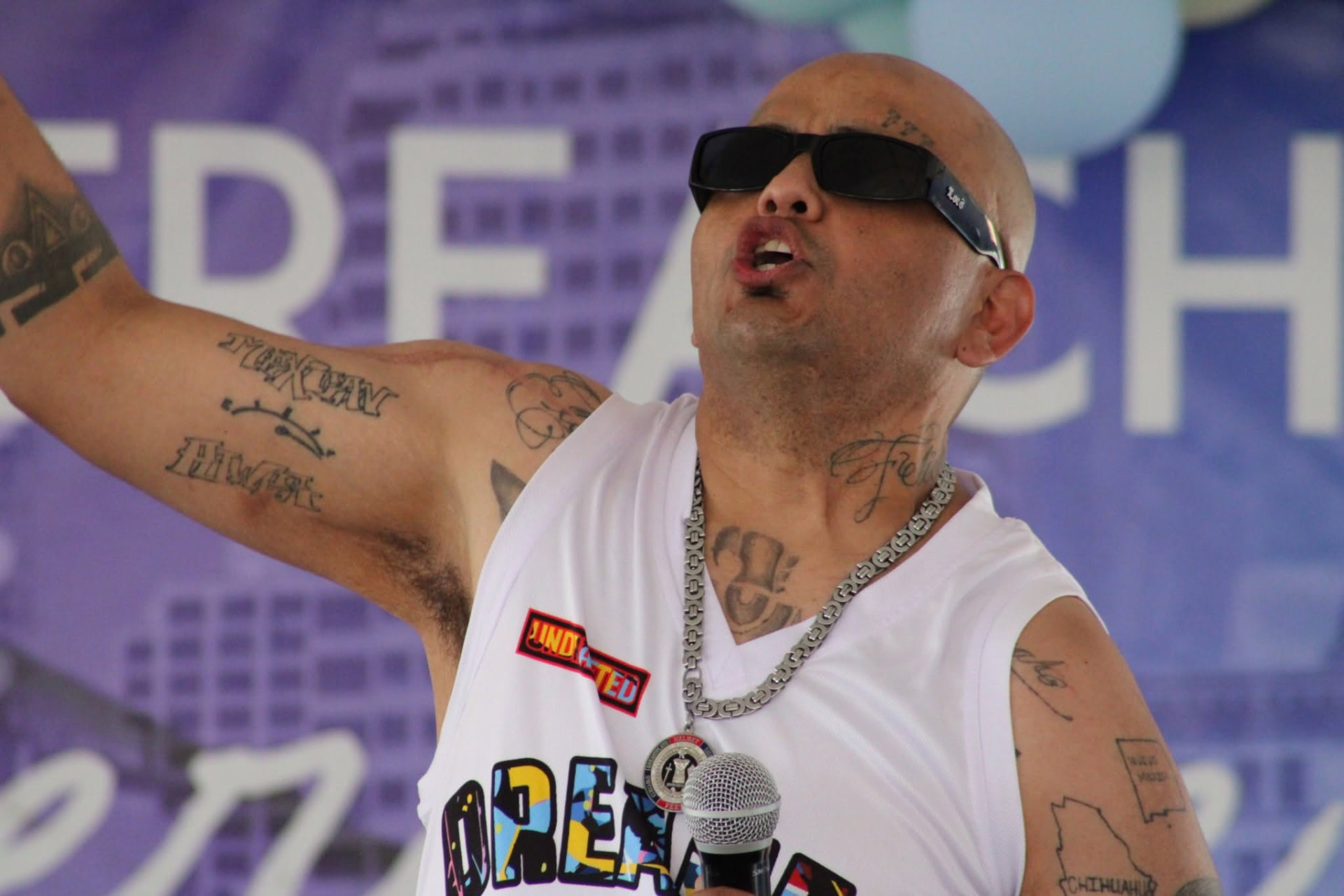 Performer in sunglasses raising an arm on stage