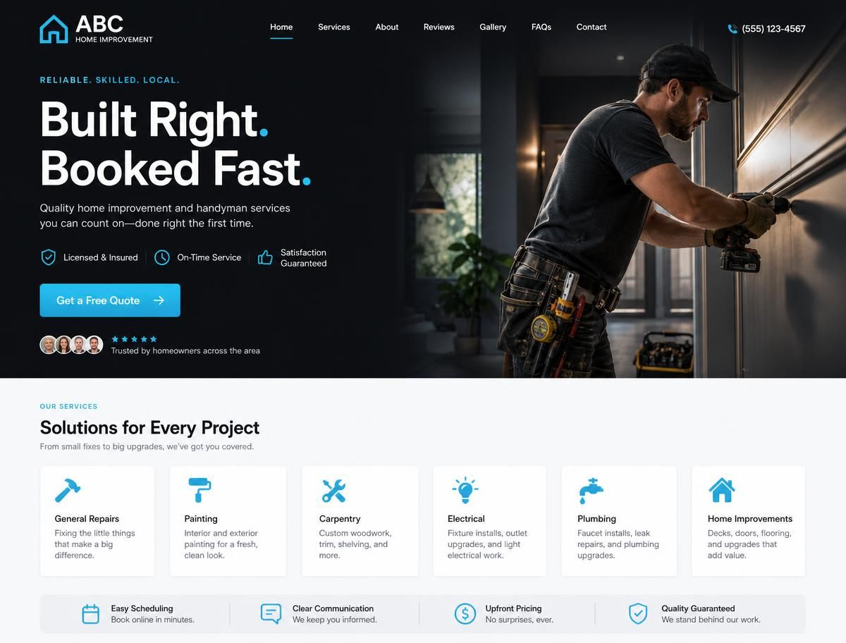 Modern custom-built home improvement website with bold hero and clear call to action