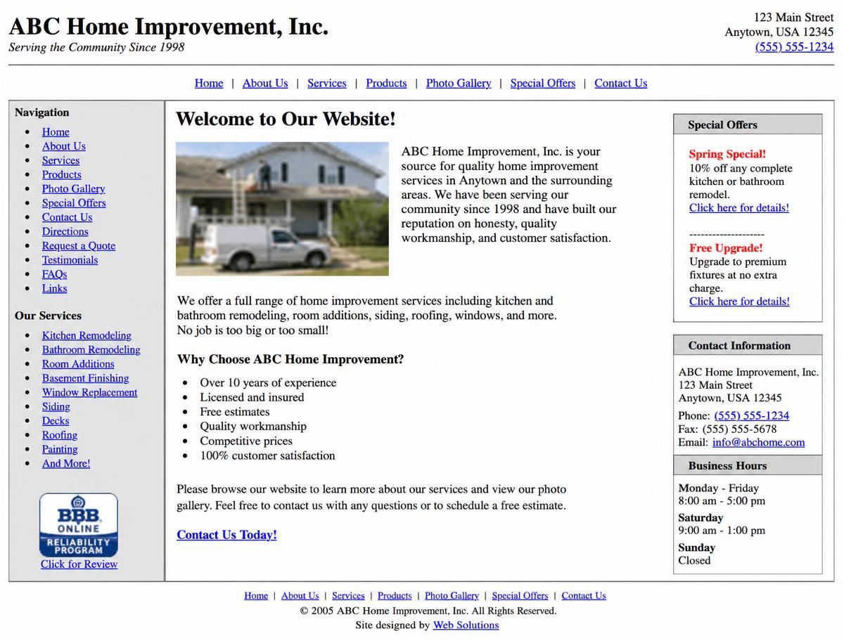 Dated generic template website with cluttered links and small stock photo