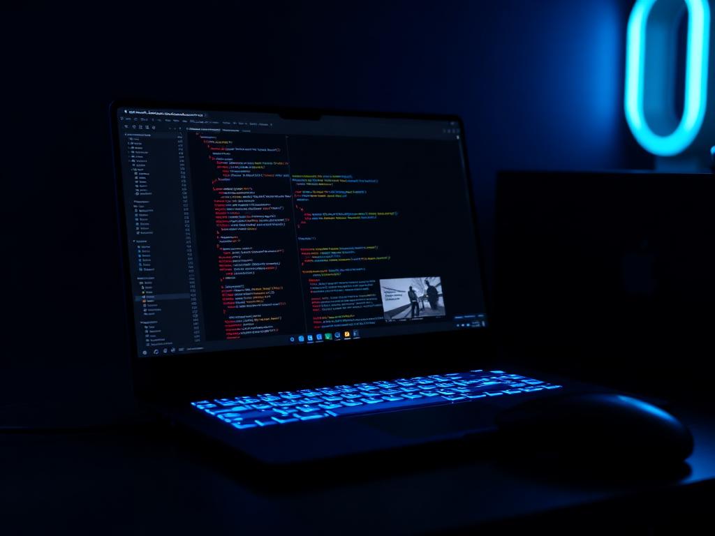 Laptop glowing with code in a dark developer workspace
