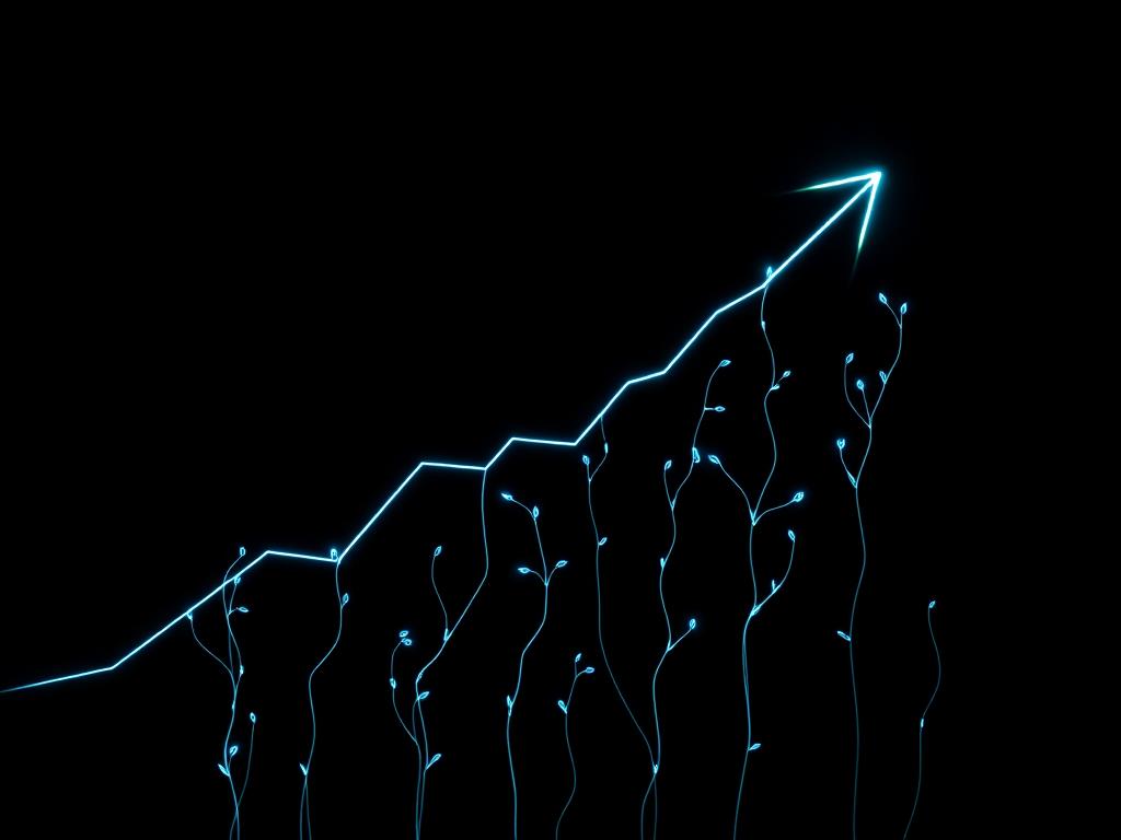 Neon growth line chart rising like glowing vines on a black background