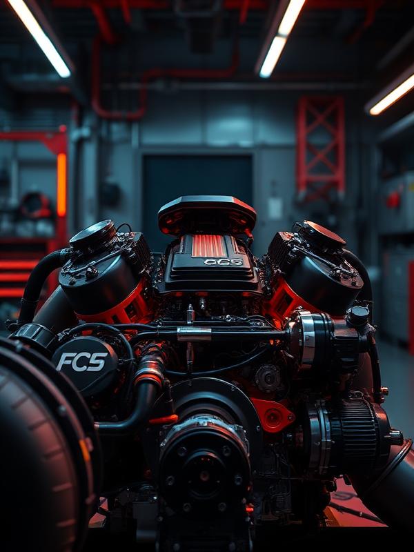 Performance car engine under neon garage lighting