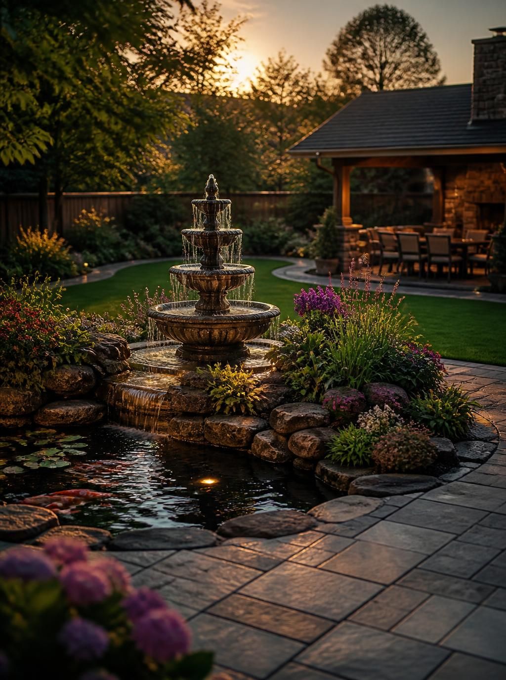 Beautiful landscaped backyard with a tiered stone fountain, colorful flower beds and a small koi pond