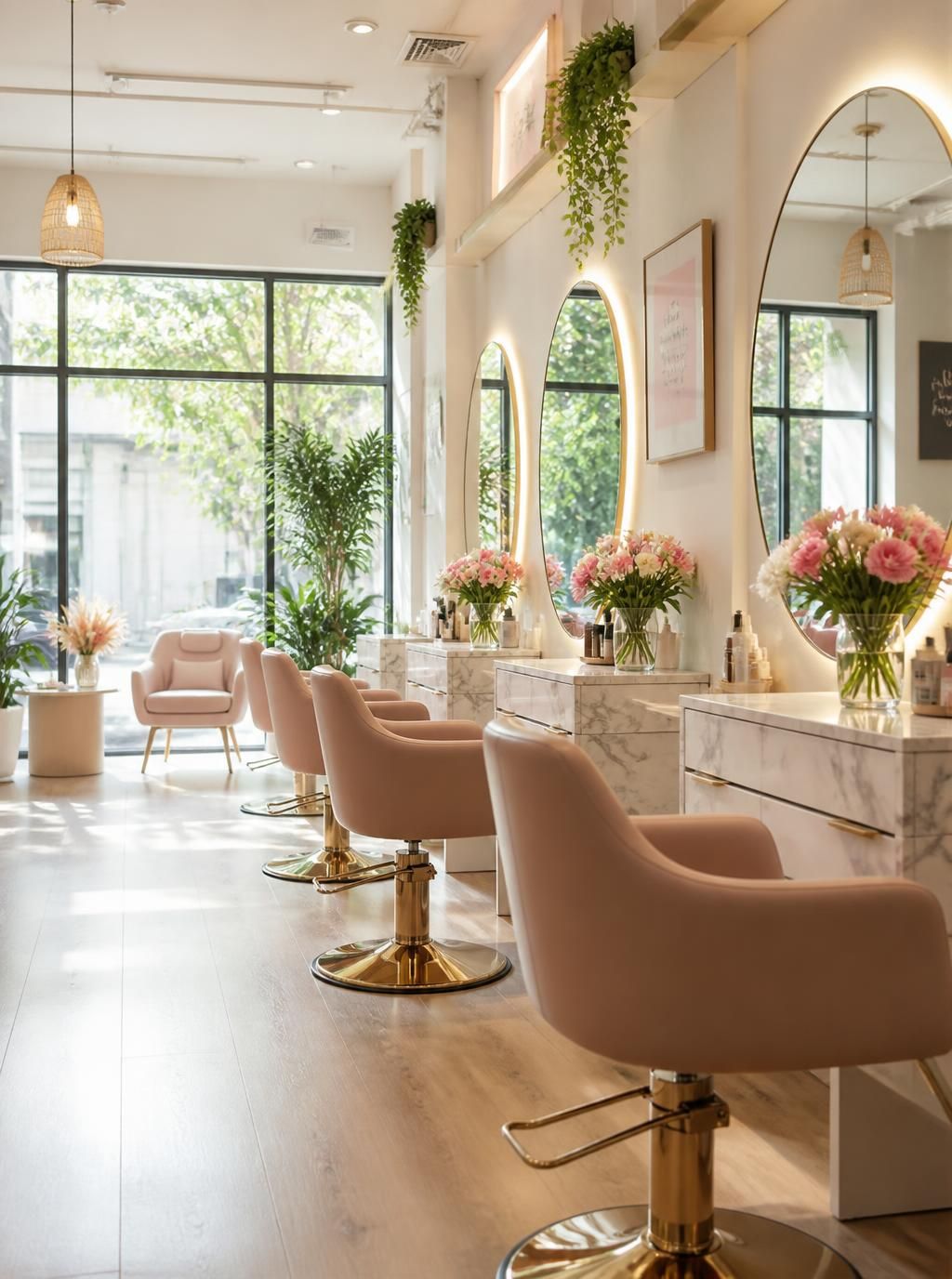 Bright, welcoming modern salon interior with large windows, blush chairs and backlit mirrors